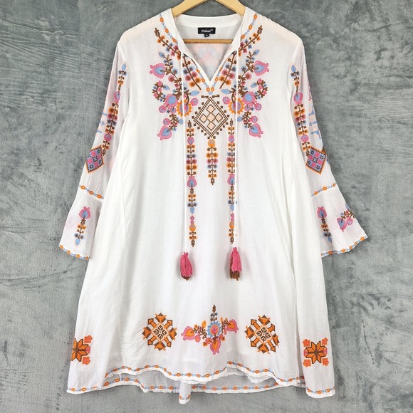 Tolani Dresses & Skirts - Womens Dress Medium White Boho Peasant Retro Embroidered Floral Tassels Festival